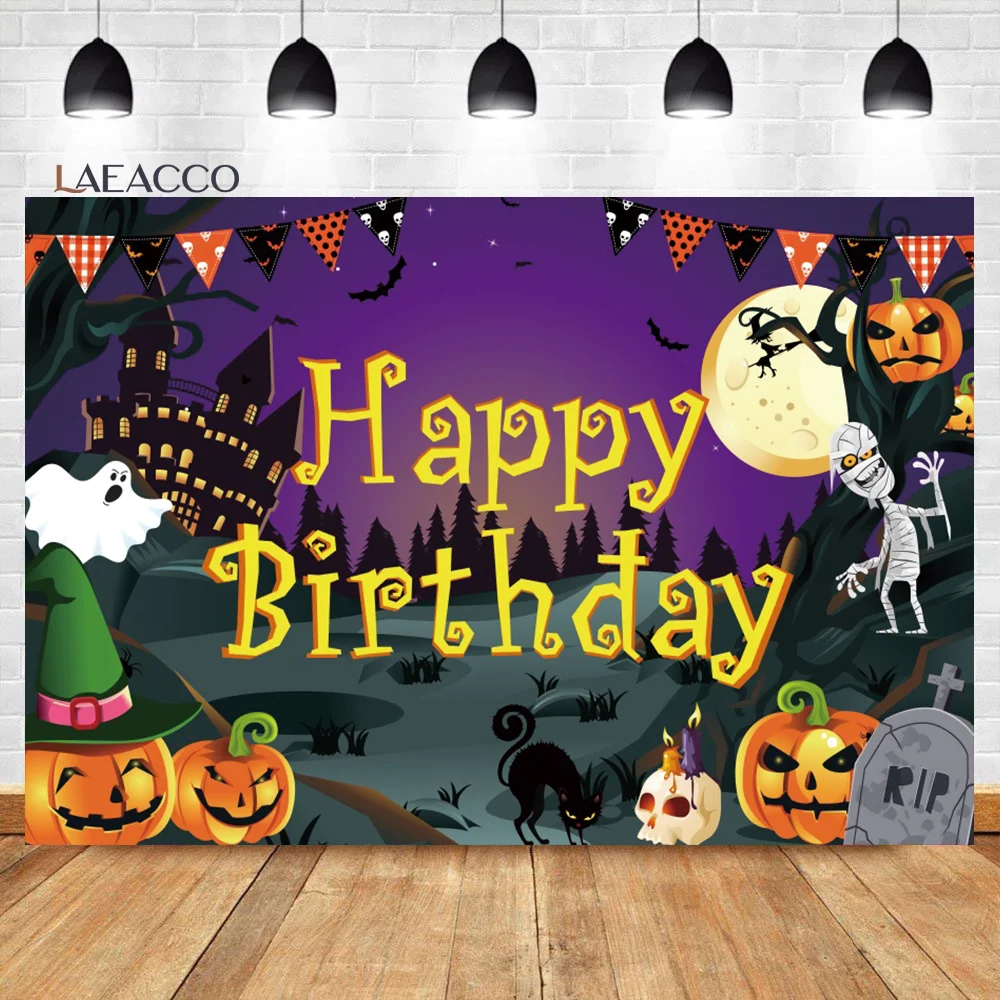 

Laeacco Happy Birthday Halloween Backdrop Pumpkin Ghost Spooky Castle Kid Baby Shower Portrait Customized Photography Background