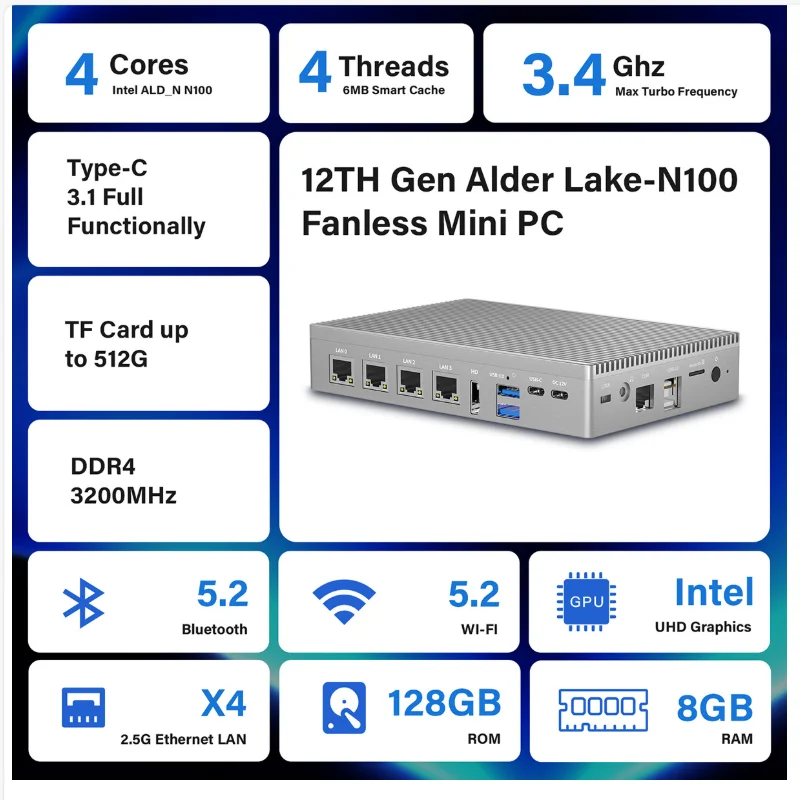 كمبيوتر صغير F9C PLUS Intel Alder Lake-N100 Win 11 pro 16G LPDDR4 256G SSD WIFI5.2 BT5 Type-C RJ-45 2.5G Ethernet HDMI2.0 USB3.2 PC