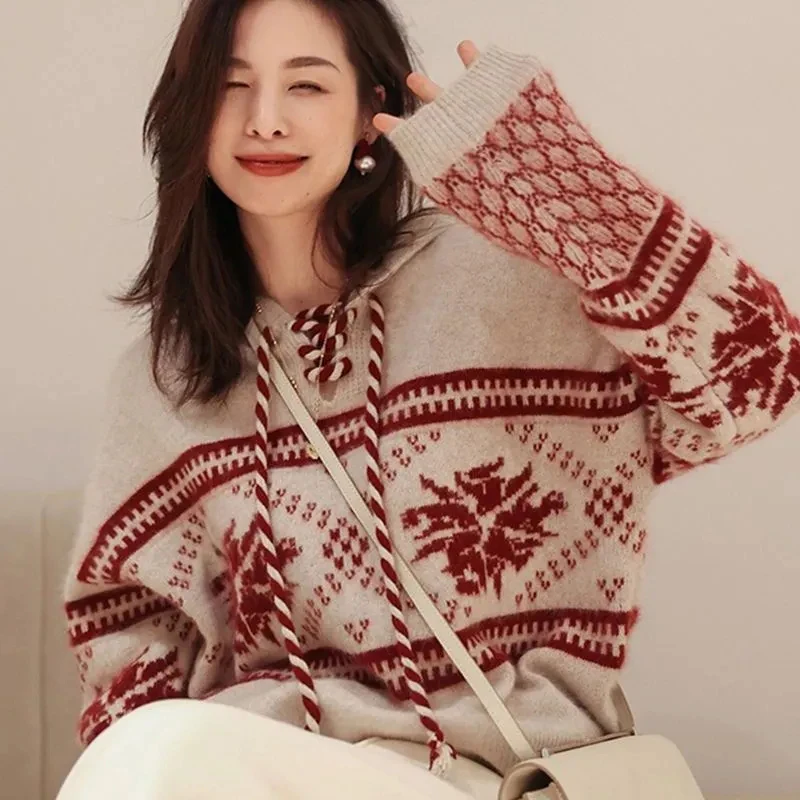 Christmas Red Knit Hooded Sweatshirt Women Sweet Tie Long Sleeve Jumper Fall Winter Thick Warm Loose Casual Y2K Pullover