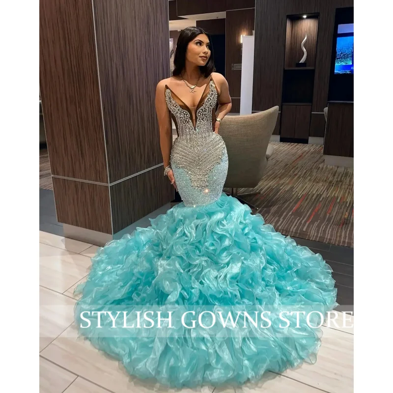 Customized African Pink Ruffles Prom Dress Crystal Beads Mermaid Party Gown Black Girls Vestidos De Festa