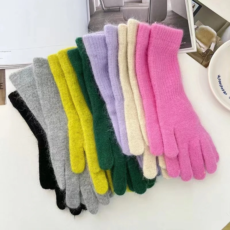 Guantes elásticos de dedos completos para mujer, manoplas largas de lana de conejo, mitones de Color sólido, guantes gruesos y cálidos para