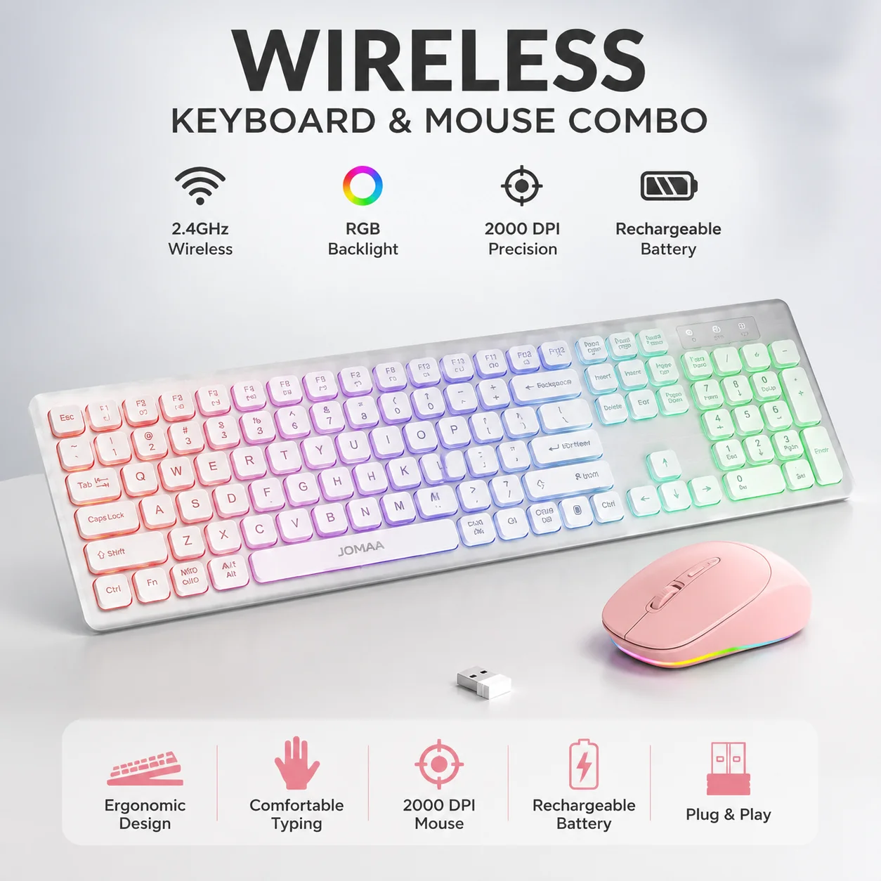 Rechargeable RGB Wireless Keyboard and Mouse Combo Ergonomic Backlit Keyboard Set With 2.4G USB Receiver For Laptop Office Home
