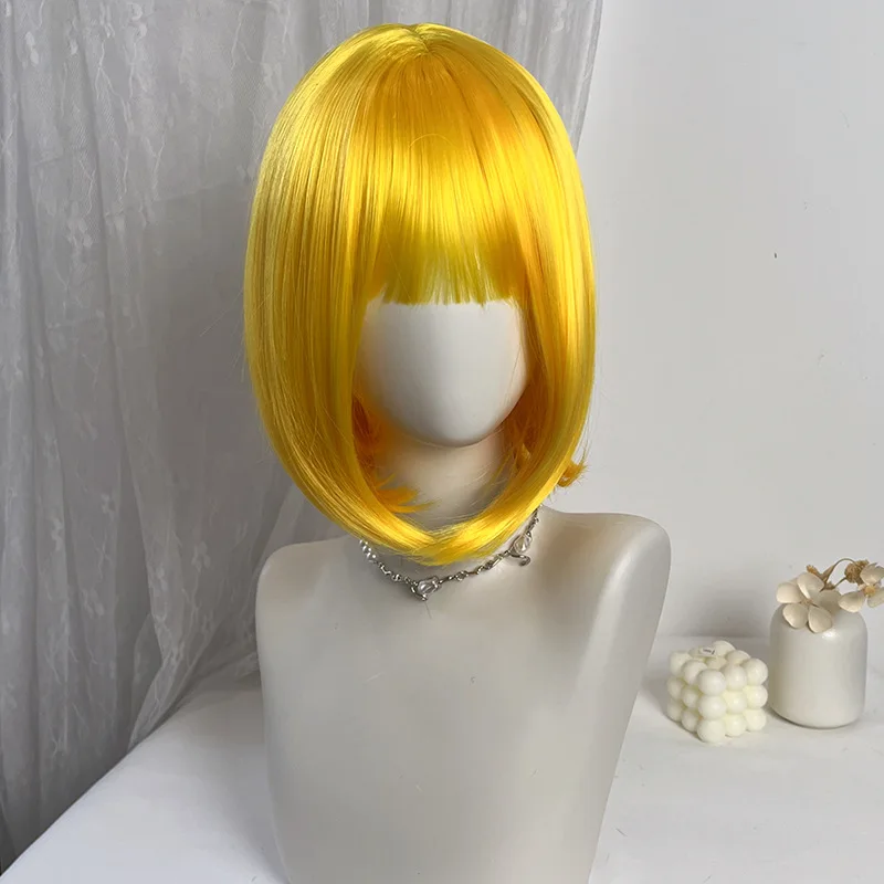 Image 3: Perruque courte pour femme, style bob jaune citron, perruque synthétique droite fabriquée à la machine pour cosplay d'Halloween