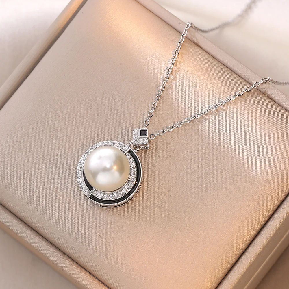 Geometric Shaped Women Pearl Pendant Necklace Full Shiny CZ Aesthetic Wedding Accessories Stainless Steel Chain Trendy Jewelry