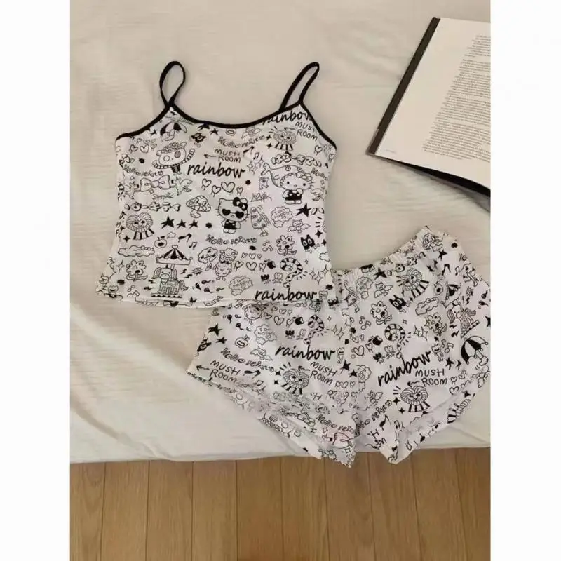 

Sanrio с нагрудником, шорты Hello Kitty на подтяжках, 2 шт., пижамы с героями мультфильмов для милых девочек, тонкая домашняя одежда для студенческого общежития