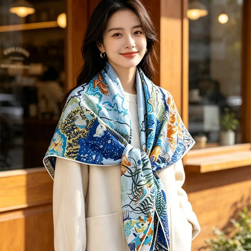 130x130CM Large Square Scarf 100% WOOL Art Life Tree Print Shawl Women Winter Warm Oversized Wrap Forest Animal Pattern Scarf