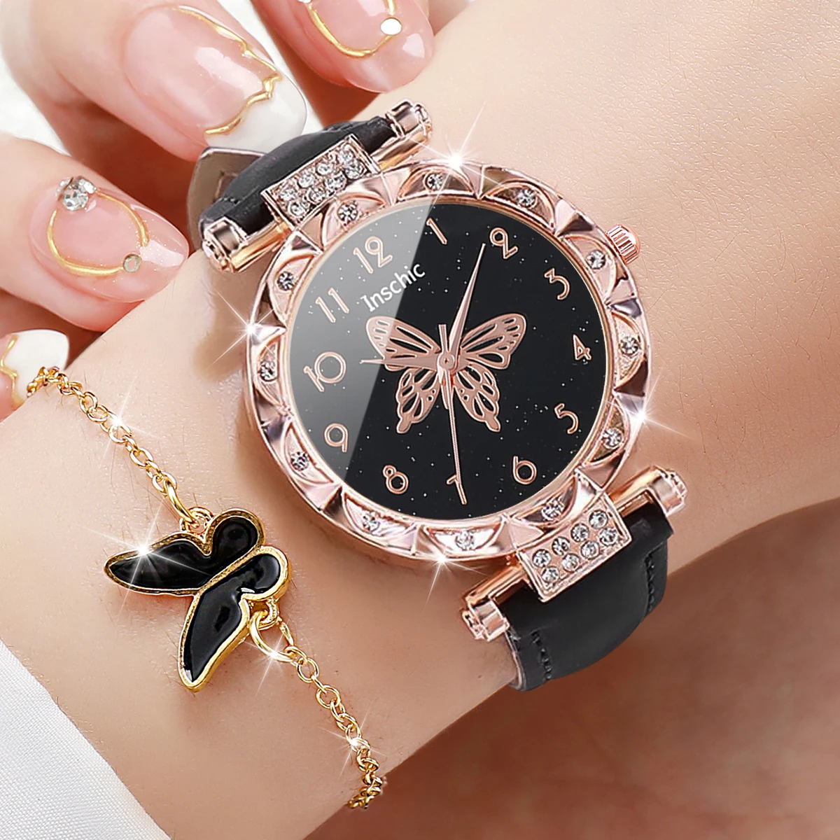 5PCS/Set Fashion Rhinestone Butterfly Women Watch Jewelry Set Female Leather Band Watch Ladies Clock（Without Box）