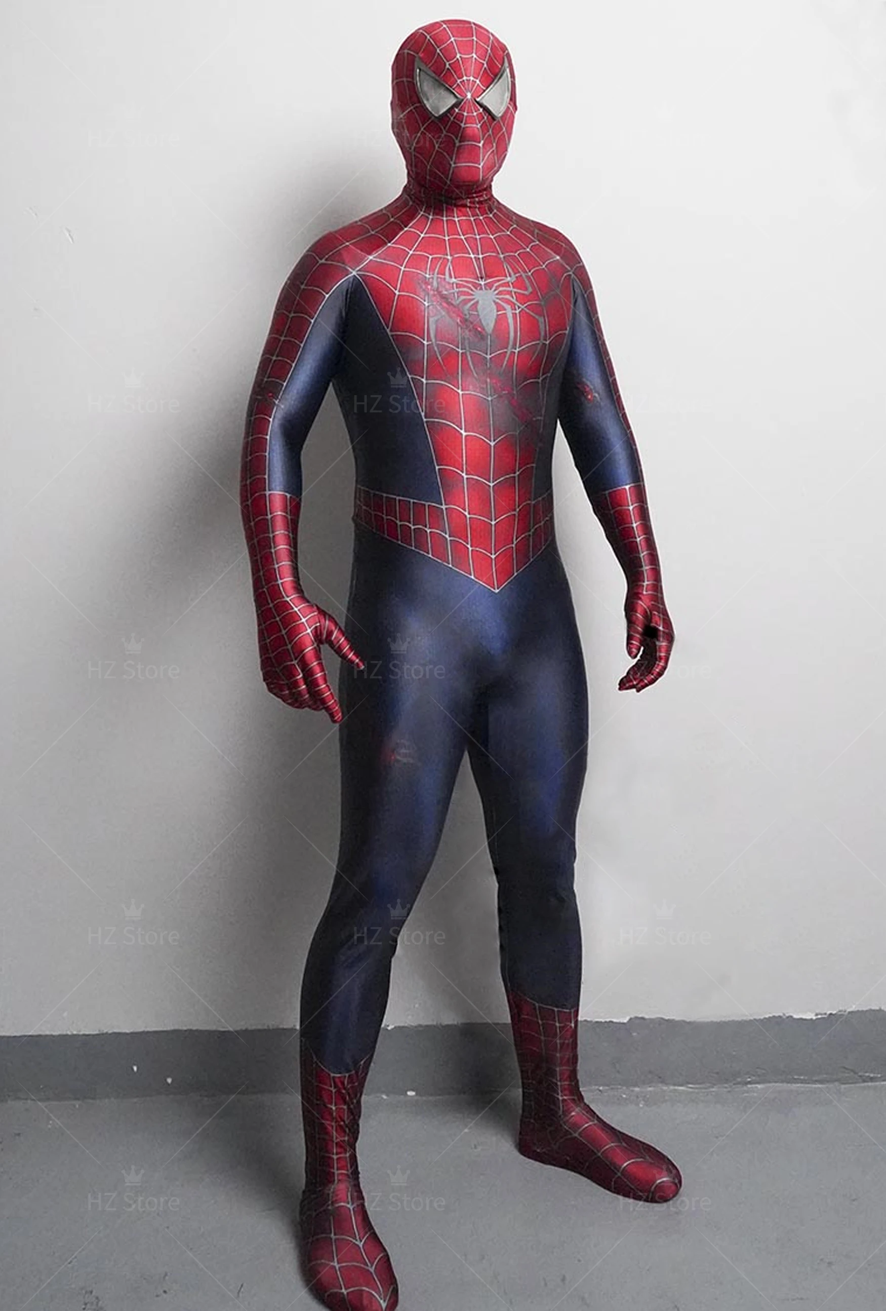 Marvel Battle Damage Tobey Maguire Cosplay Costume Raimi Battle Bodysuit One Piece Printed Spandex Elastic Lycra Jumpsuit