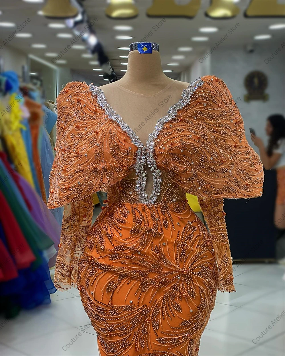 Chic Mexican Orange Evening Dresses For Special Events Beads Long Sleeves Crystal Mermaid Arabic Elegant Party Dress Customized