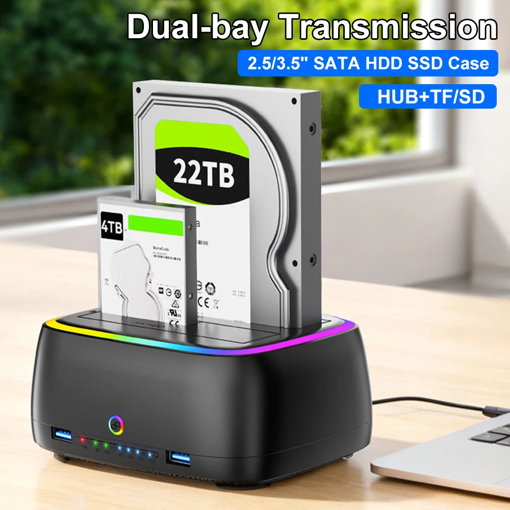 Estação de disco rígido de baía dupla usb3.0 5gbps tipo-c hdd docking station para 2.5/3.5 Polegada hdd/ssd offline clone gabinete tf/sd cartão