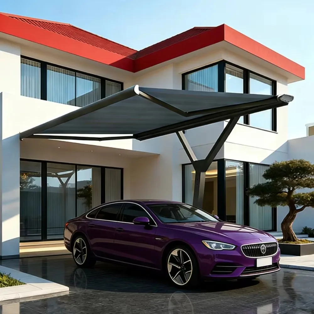 Retractable Electric Vehicle Carport, Modern Weatherproof EV Canopy with Heat-Treated Aluminum Frame for Outdoor Driveway