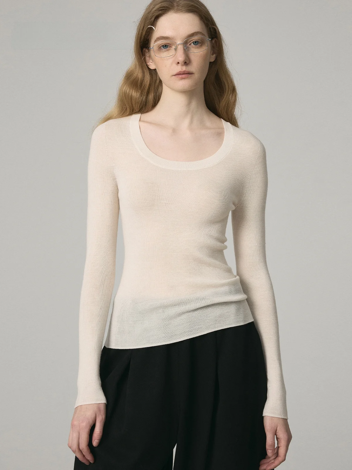 Soft Full Wool Seamless One-Piece U-Neck Sweater Base T SOUNDSAROUND Casual Style Ladies' Slim Fit Long Sleeve T-Shirt