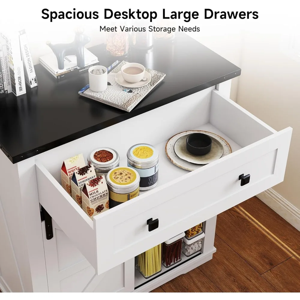 بوفيه خزانة جانبية ريفية مع مساحة تخزين وحامل كأس للنبيذ وباب حظيرة منزلق