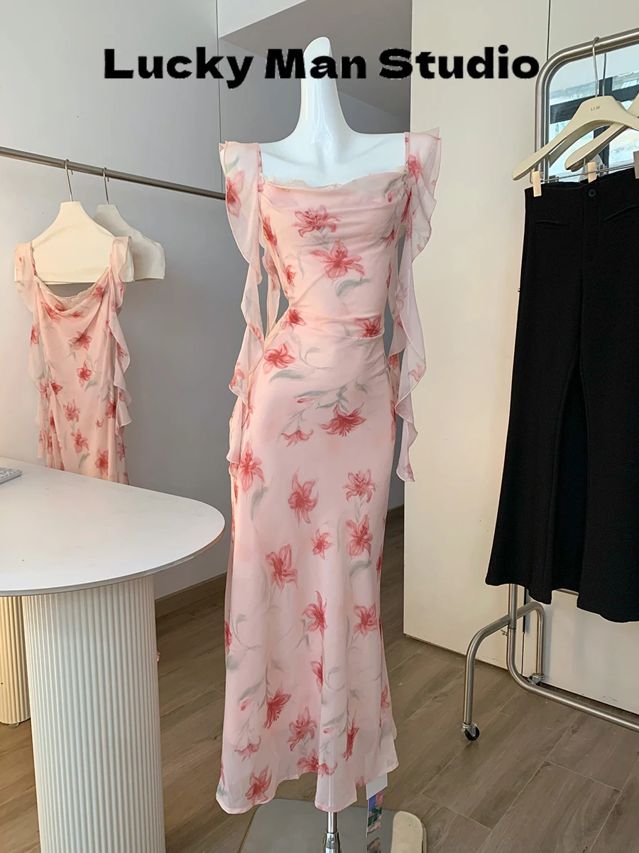 Elegant Luckyman2026 Summer New Korean Style Slimming Holiday Vibes Sleeveless Floral Strap Long Dress Women's Dress