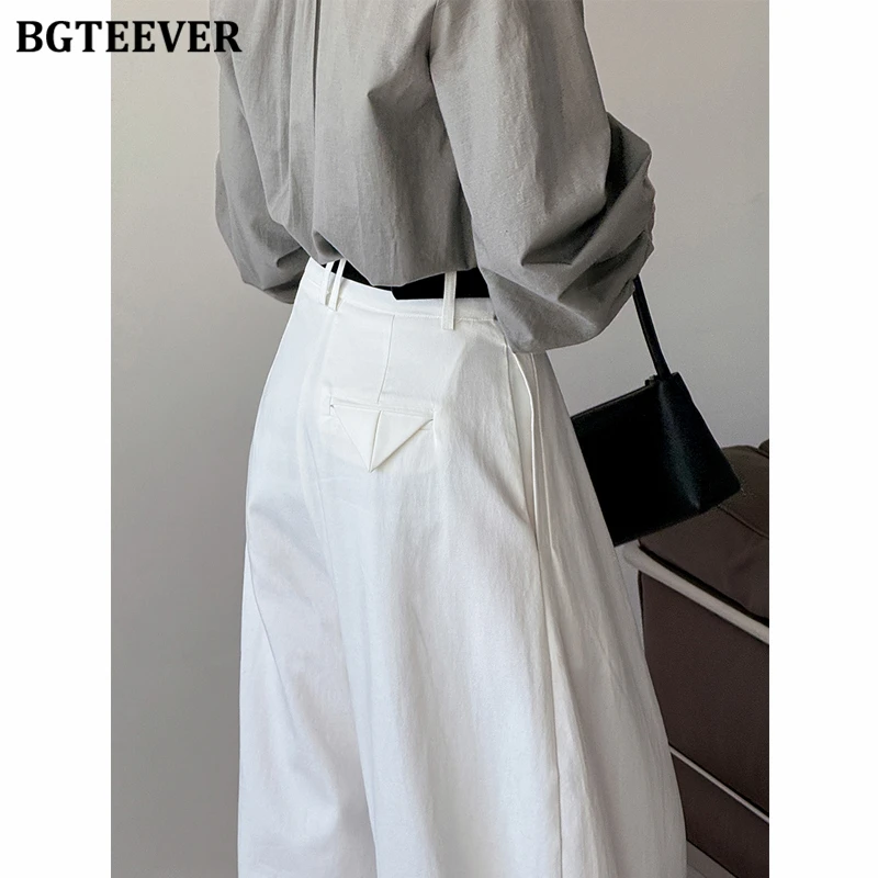BGTEEVER Stylish High Waist Wide Leg Trousers for Women Spring Autumn Casual Loose Pockets Female Pants