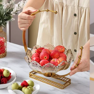 

French Style Crystal Glass Fruit Bowl Luxury Gold Edge Tall Footed Candy Dish Creative Snack Tray Living Room Centerpiece