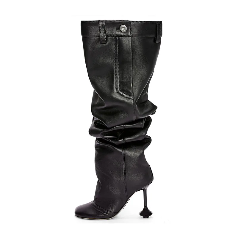 

Arden Furtado 2024 Strange Style heel Thigh high boots Round toe Super high heel Patchwork Slip-on Pleated Modern boots