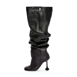 Arden Furtado 2024 Strange Style heel Thigh high boots Round toe Super high heel Patchwork Slip-on Pleated Modern boots
