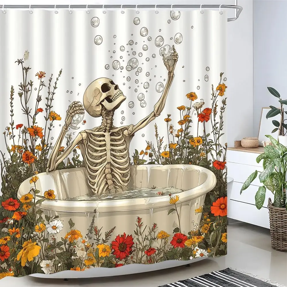 Funny Skeleton Floral Shower Curtain Gothic Skull in Bathtub Bubbles Floral Wildflowers Garden Cool Bone Human Spooky Halloween