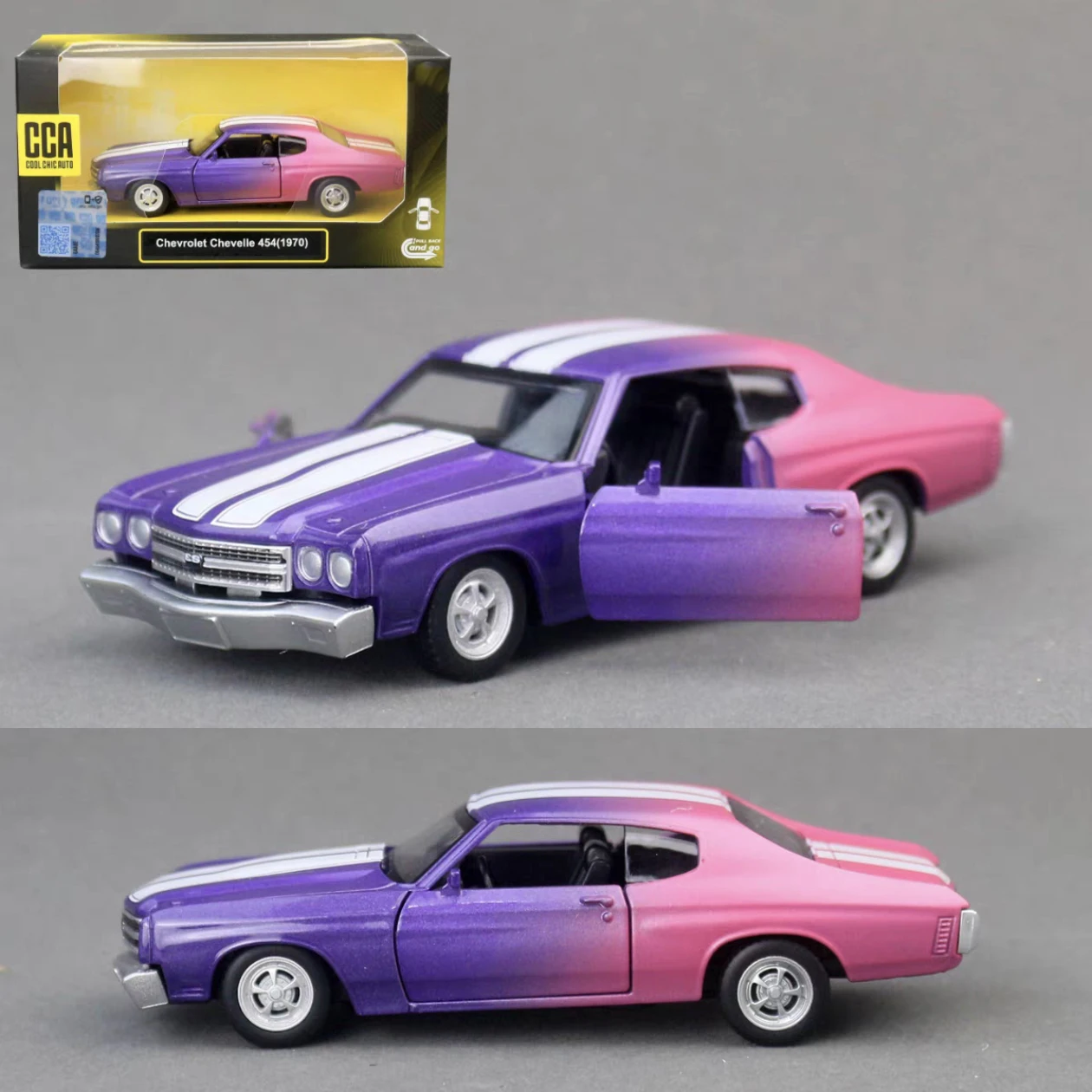 

Модель Chevrolet Chevelle 454 (1970) в масштабе 1:36, металлический корпус с открывающимися дверями, инерционный механизм, коллекционная игрушка, подарок на праздник