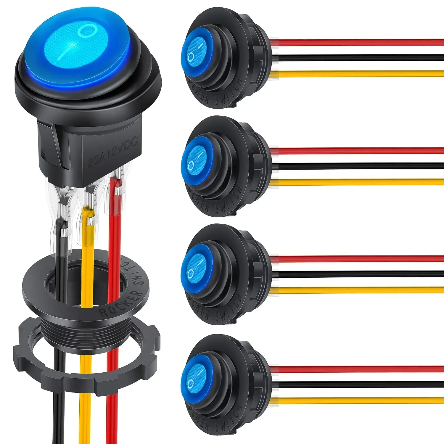 5PCS Waterproof Round Rocker Switch12V LED Toggle Switch Lighted ON Off SPST 3 Pin for Car Switch Panel RV Truck Marine Boat