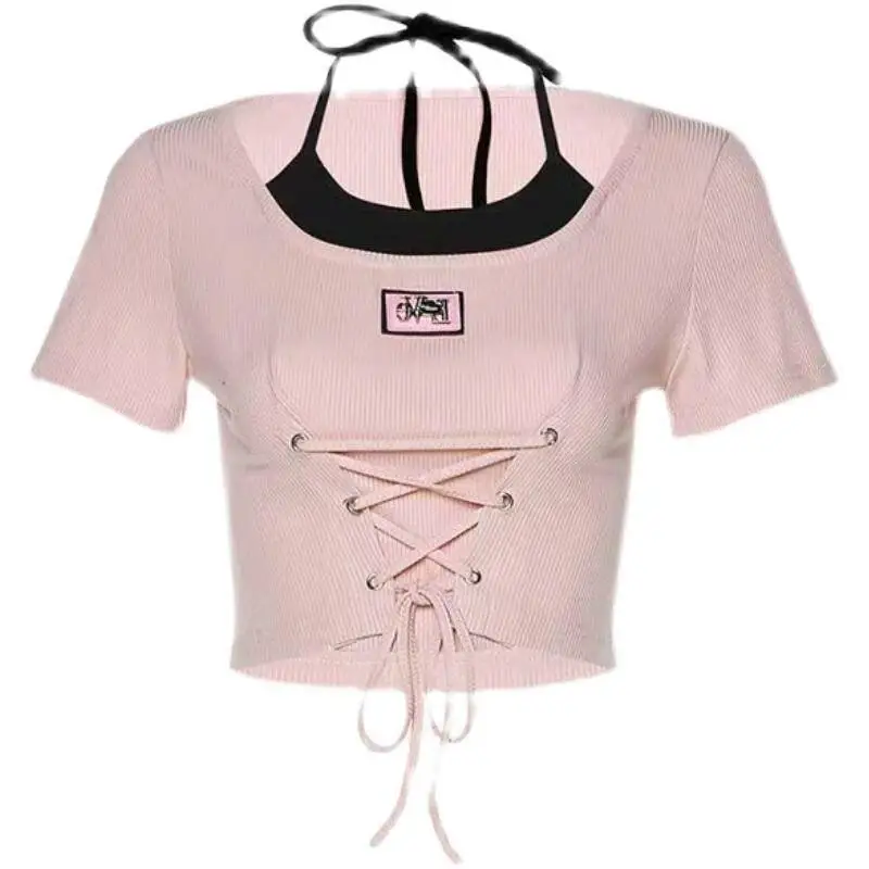 Retro Style Niche Design Sense Women Summer Color Clash Bf Style Sweet Heart Hot Girl Lace Up Unique Halter T Shirt Short Sleeve