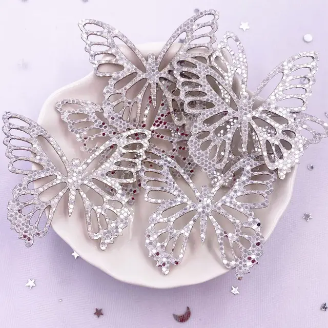 10 sztuk filcowe materiał brokatowy srebrny aplikacja z motylem ślub DIY naszywka do szycia do kokardki do włosów akcesoria DIY Craft XE383