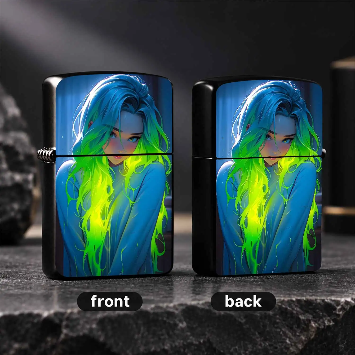 Trendy Gradient Neon Green Hair Girl Art Print Lighter, Aesthetic Portable Daily Use Ignition Accessory, Creative Delicate Decor Supply, Perfect For Gifting Personal Use Across All Common Scenes, Stylish Anime Style Practical Small Item A