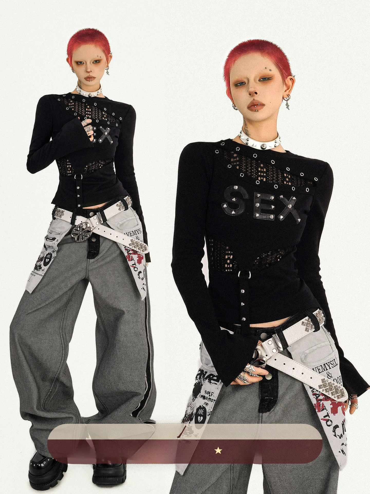 

Nico Molly Punk Retro Hot Girl Long Sve T-irt Women's Autumn Sle Hollow out Rivet Design Slimming Top Fast Dry Regular...