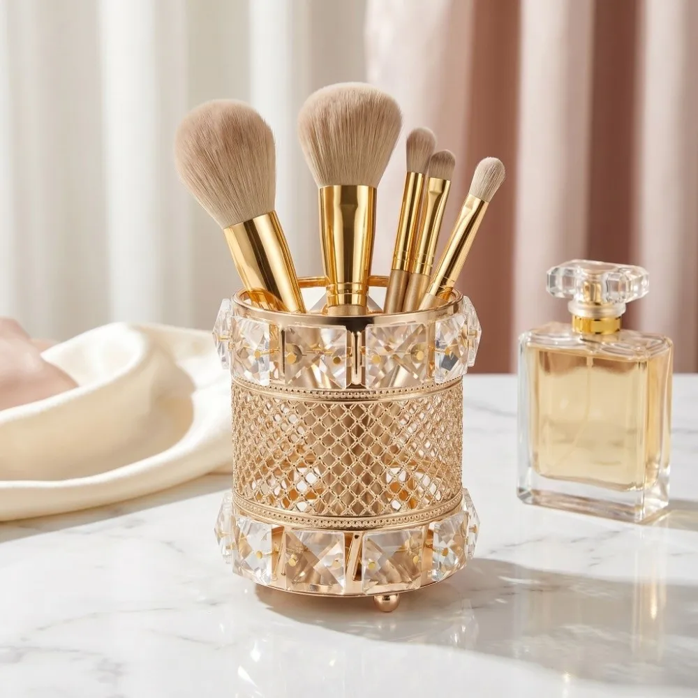 Gold Makeup Brush Holder Organizer Crystal Luxurious pen holder Elegant Bling Cosmetic Storage Box Bathroom Countertop