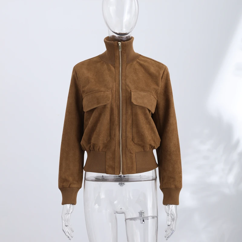 2026 Herbst Vintage Wildleder Damenjacke Langarm Revers Reißverschluss Tasche Stehkragen Kurzer Damenmantel Modische Streetwear-Oberbekleidung – Detail 1