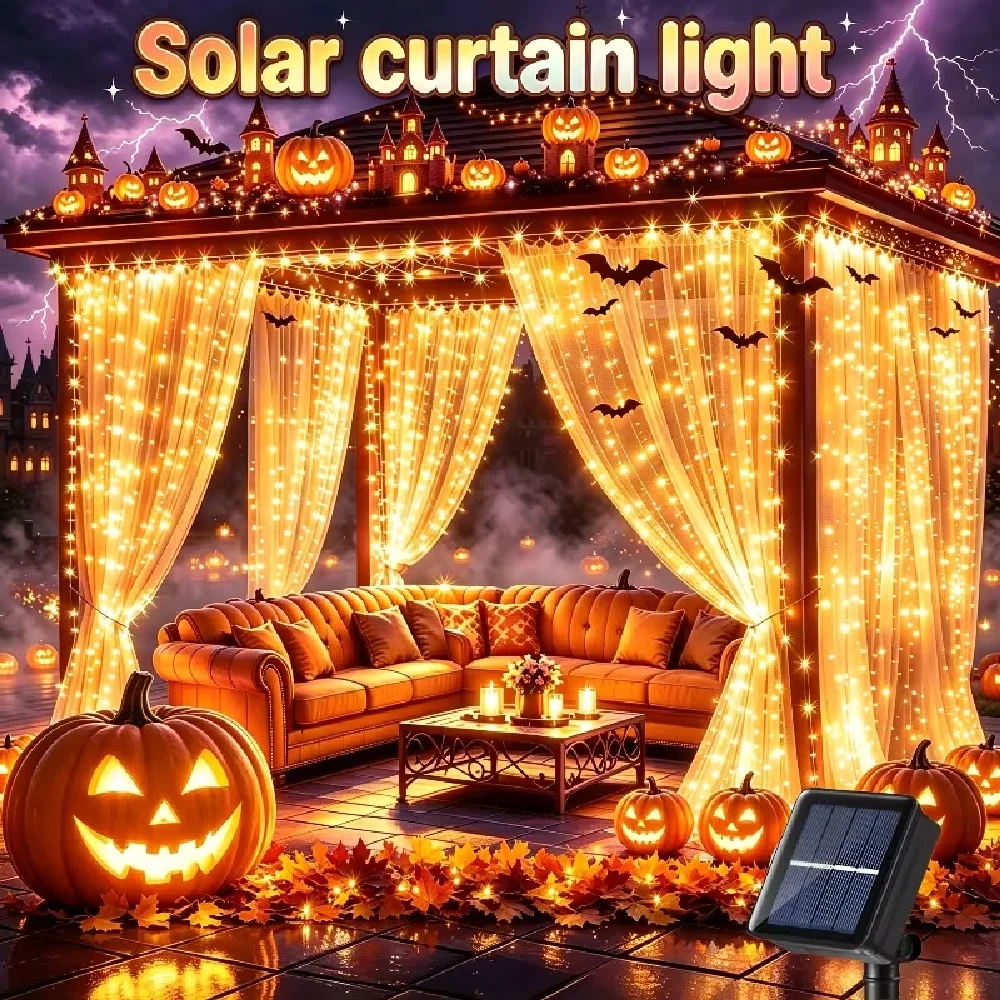 Outdoor Solar Curtain Light 3x3M 300Leds Holiday Decorations Garland 8 Modes Halloween Christmas Party Decor String Lights
