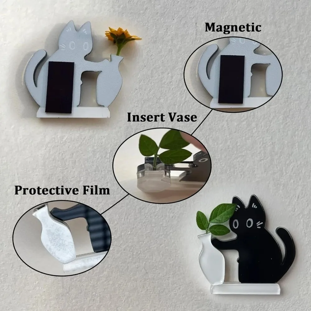 Acrylic Cat Whiskers Collection Ornaments Magnetic Cartoon Cat Hair Storage Memorial Box Cat Pushing Vase Decor