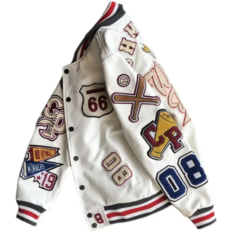 Baseball uniform Y2K men's spring and autumn retro trend leather jacket ins heavy industry embroidery white short coat hot sale