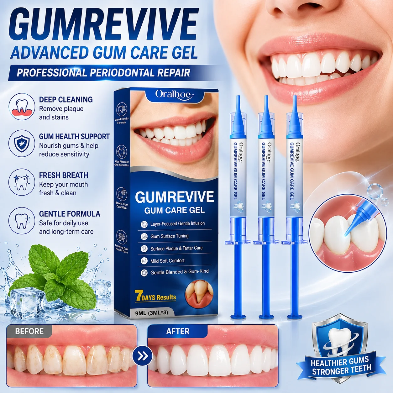 GumRevive Premium Gum Care Gel Deep Cleaning Teeth Stains Mint Flavor Fresh Breath Brighter Smile Gentle Daily Oral Care