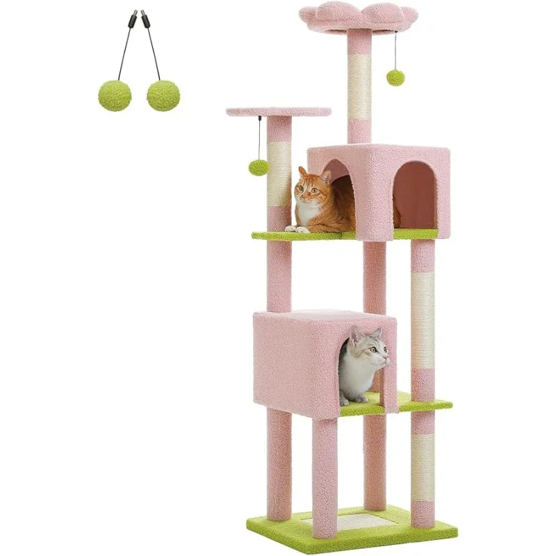 

PAWZ Road Pink Flower Cat Tree Tower 62 Inches Cat Tree with 2 Condos,2 Flower Perches,4 Scratching Posts & 1 Scratching Board,