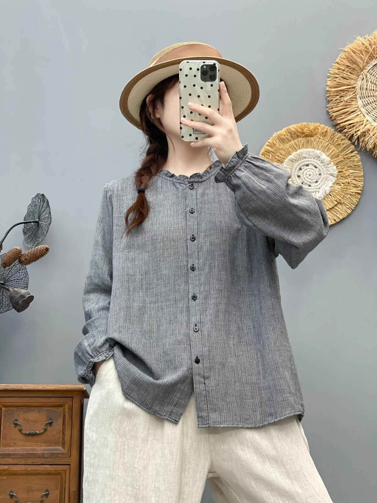 

20026 Blusas de mujeres vintage pure cotton yarn red blue gray women's plaid shirt women checkered blouses long sleeve tops