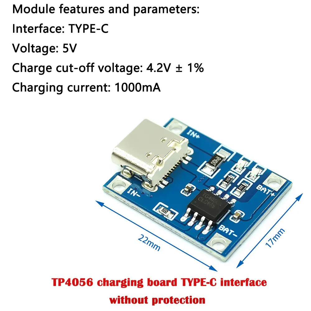 10Pcs TP4056 Type-C USB 5V 1A 18650 Li-ion Battery Charger Module Charging Board without Protection Dual Function 1ALi-ion DIY