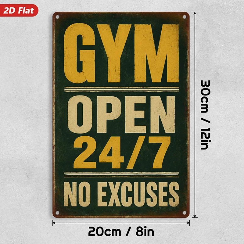 2D Flat, 1pc Gym Motivation Metal Sign Wall Art, Home Decor, Gym Open 24 7 Text, No Excuses Message, Bold Block Typography, Idea