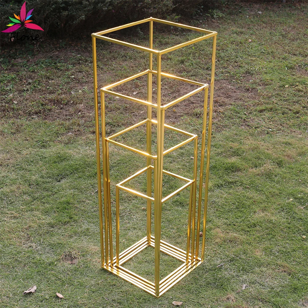 40/60/80/100cm Shiny Centerpieces Gold Cake Flower Stand Transparent Acrylic Plate Wedding decoration Gold Plated Cuboid Frame