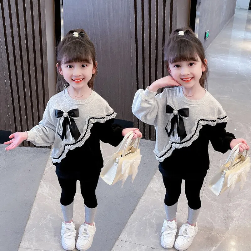 Girls Sweatshirts +Pants Kids Sets Cotton Outfits 2PCS/Set 2023 Bow Spring Autumn Jogging Suit High Quality Children Clothing