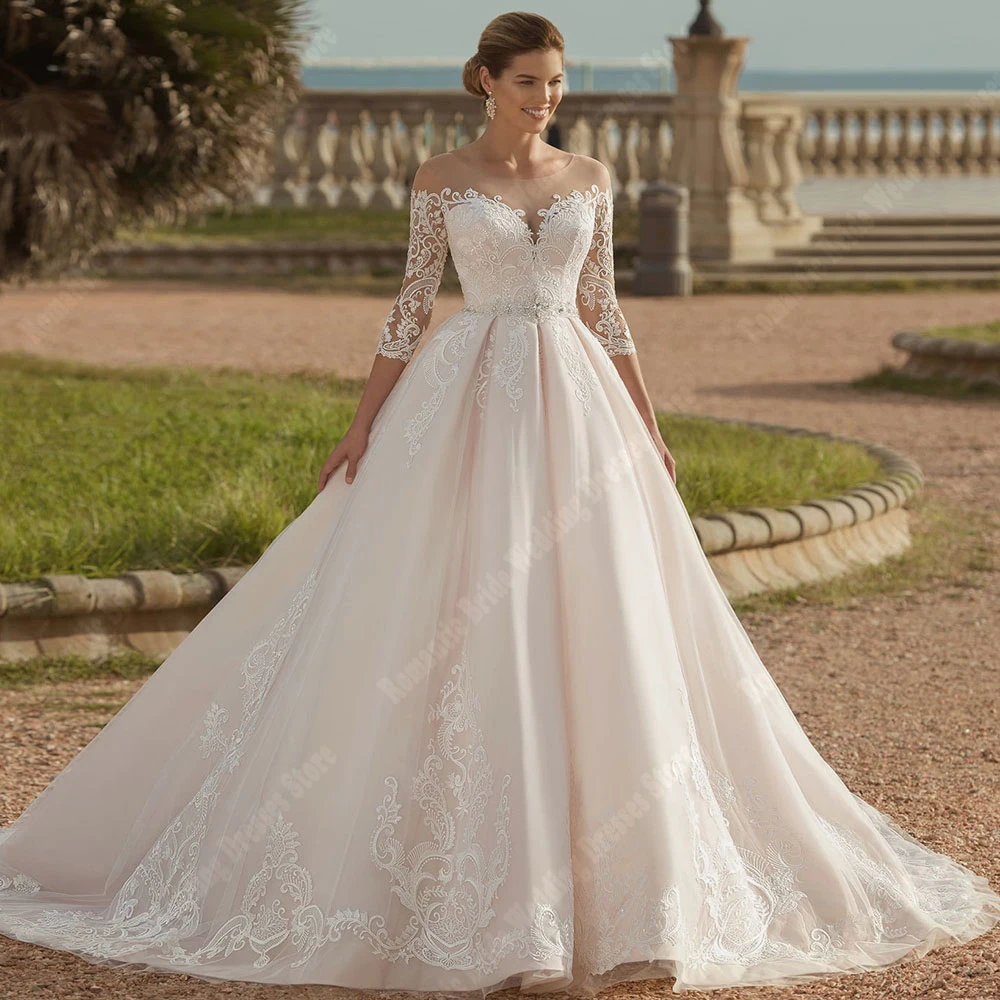 Vestidos De novia elegantes para mujer, cuello De corazón, apliques De encaje, Vestidos De novia De princesa, Vestidos De manga larga personalizados