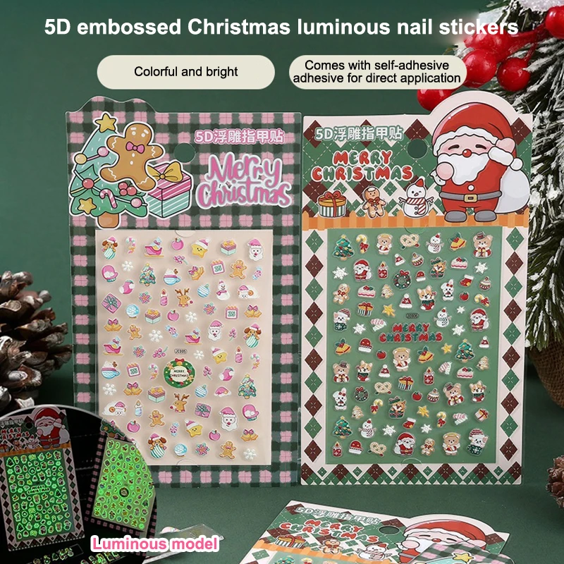 

Pink Luminous Christmas Nail Sticker Reindeer Santa Claus Bear Snowflake Winter DIY Nail Art Sticker Xmas Manicure Decoration