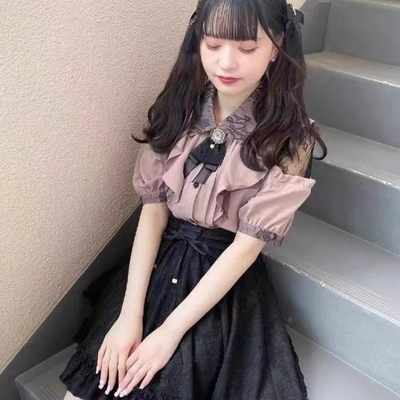 

2026 Summer Women Shirt Lolita Off Shoulder Lace Patchwork Pearl Diamond Tie Shirt Bow Tie Shirt