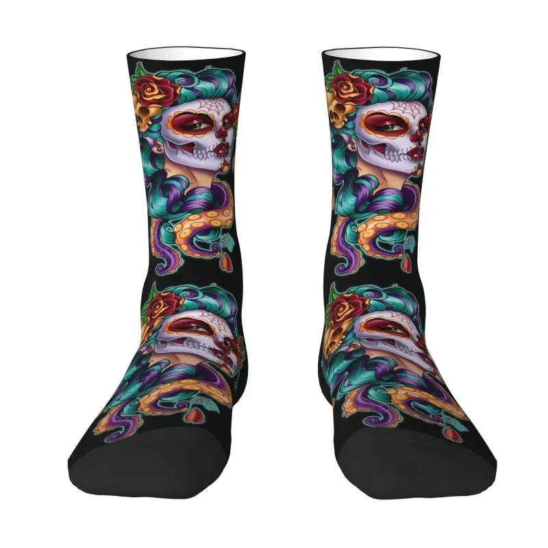 

Cute Printed Flower Sugar Skull Tattoo Socks for Women Men Stretch Summer Autumn Winter Day Of The Dead Crew Socks