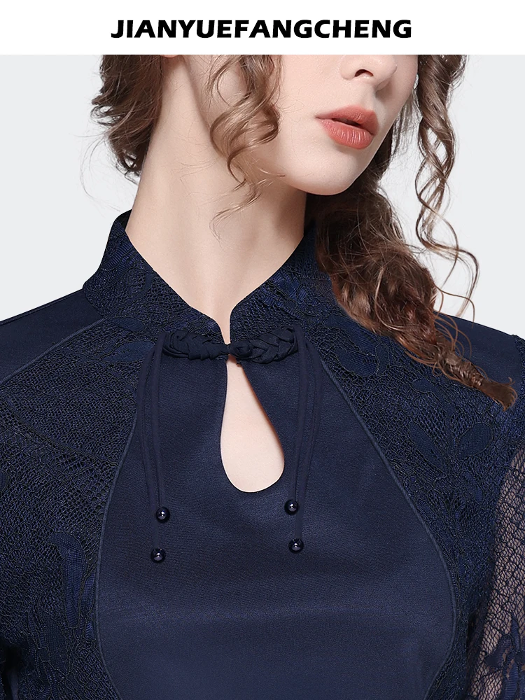 Vintage Chinese Style Satin Lace Blouse Women 2023 Autumn New Long Sleeve Stand Collar Top Hook Flower Hollow Elegant Slim Shirt