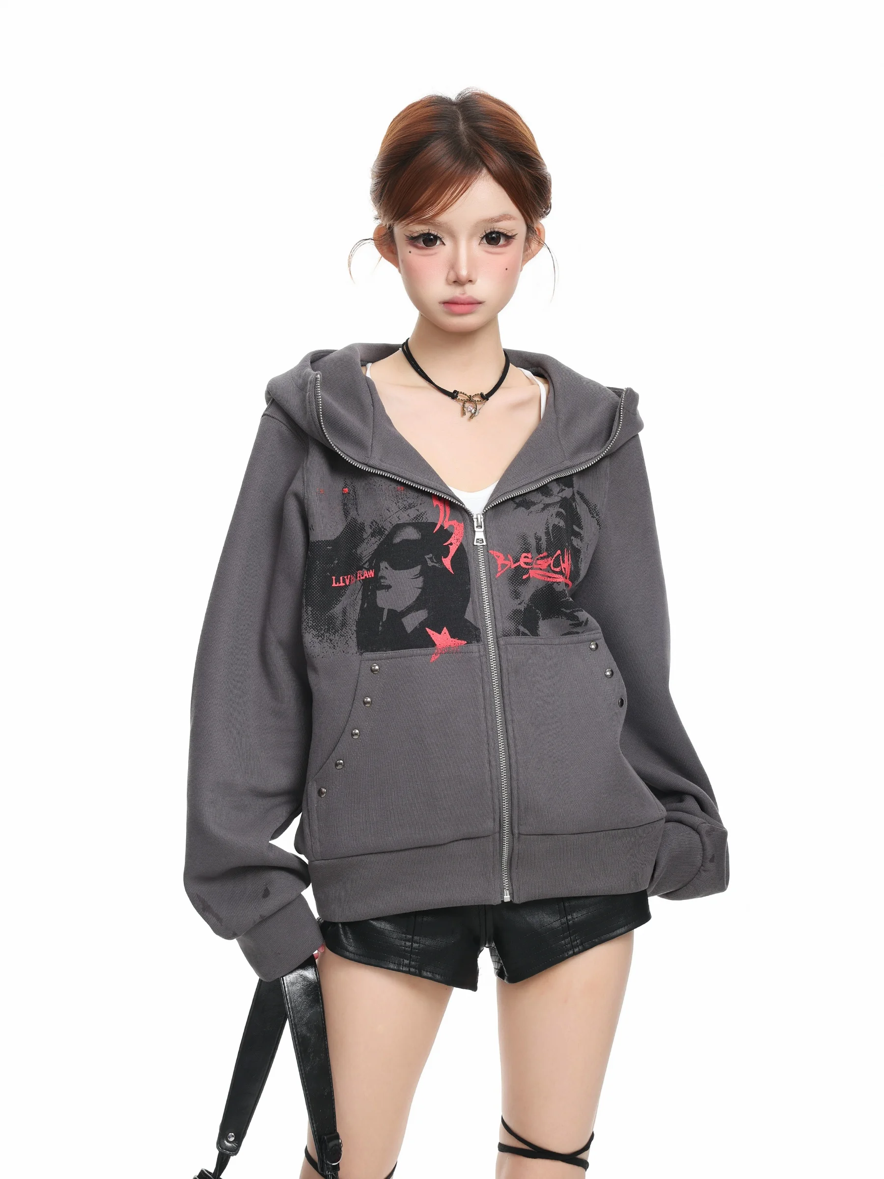 BASTERDS American Style Retro Portrait Print Rivet Hoodie Women's Loose Slimming Open Cardigan Jacket Digital Direct Spray Co...