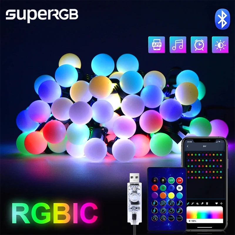 USB Bluetooth RGB LED String Light, guirlanda de acampamento ao ar livre, lâmpadas globais, Fairy Lights para jardim, decoração de festa, APP, 5m, 10