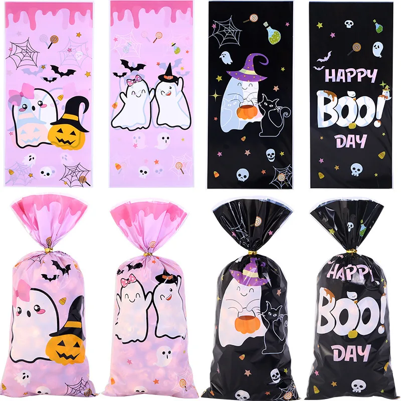 

50pcs Halloween Cute Pink Ghost Flat Pocket Ghost Candy Gift Bags Chocolate Snack Packaging Bags Trick or Treat Party Supplies