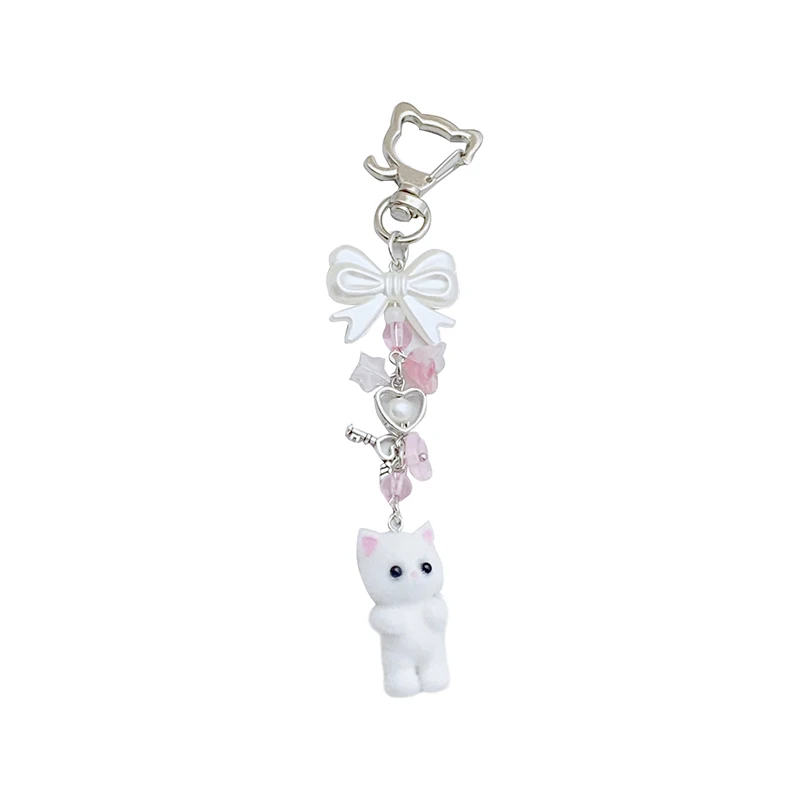 

1PC Car Keys Holder Flocking Cat Keyring Bowknot Small Flower Bead Pendant Phone Lanyard Animal Key Chain Charm Accessories
